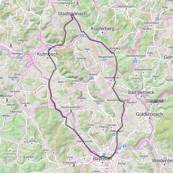 Map miniature of "The Winding Roads of Wirsberg" cycling inspiration in Oberfranken, Germany. Generated by Tarmacs.app cycling route planner