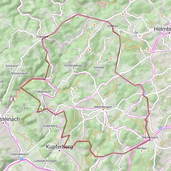 Map miniature of "Gravel Paradise in the Fichtelgebirge" cycling inspiration in Oberfranken, Germany. Generated by Tarmacs.app cycling route planner