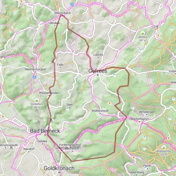 Map miniature of "Off the Beaten Path Gravel Adventure" cycling inspiration in Oberfranken, Germany. Generated by Tarmacs.app cycling route planner