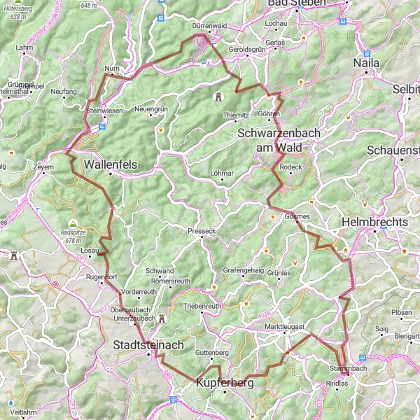 Map miniature of "The Wild Forests Route" cycling inspiration in Oberfranken, Germany. Generated by Tarmacs.app cycling route planner
