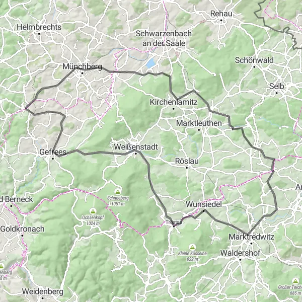 Map miniature of "Green Hills and Hidden Villages" cycling inspiration in Oberfranken, Germany. Generated by Tarmacs.app cycling route planner