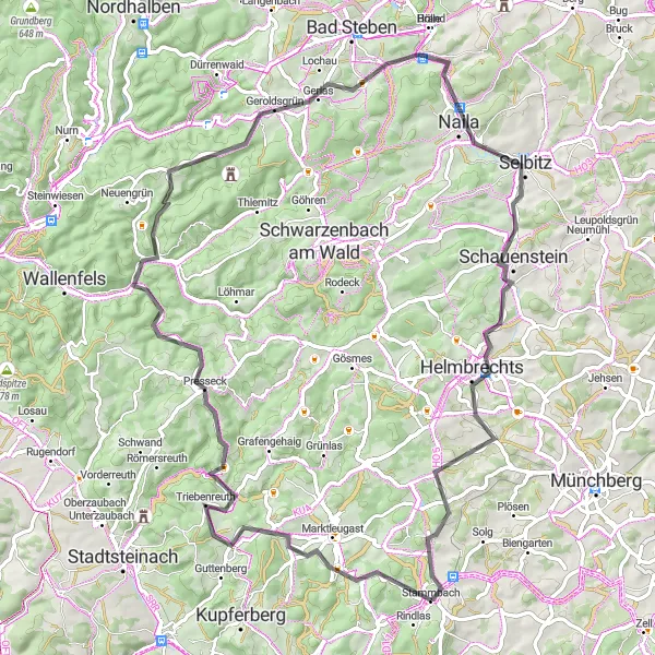 Karten-Miniaturansicht der Radinspiration "Große Fahrradrunde ab Stammbach" in Oberfranken, Germany. Erstellt vom Tarmacs.app-Routenplaner für Radtouren
