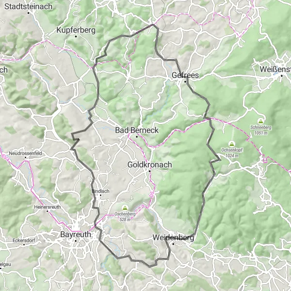 Map miniature of "The Franconian Heights" cycling inspiration in Oberfranken, Germany. Generated by Tarmacs.app cycling route planner