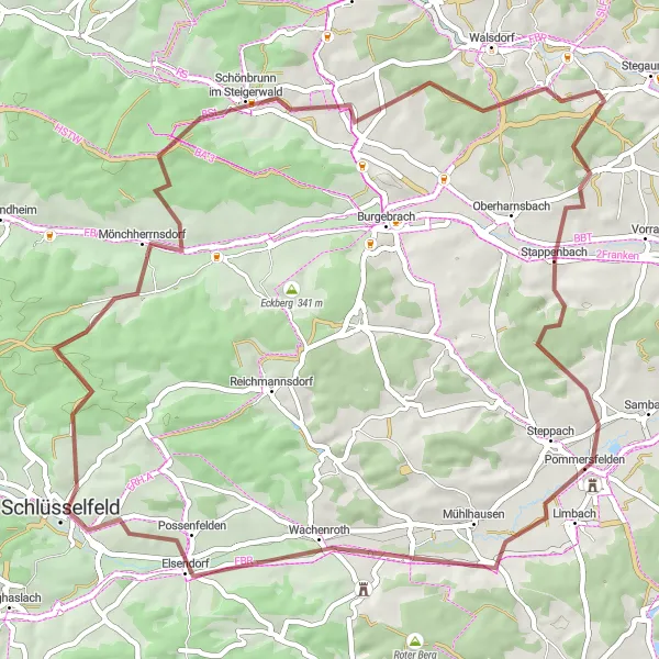 Map miniature of "Pommersfelden and the Schlüsselfeld Castle" cycling inspiration in Oberfranken, Germany. Generated by Tarmacs.app cycling route planner