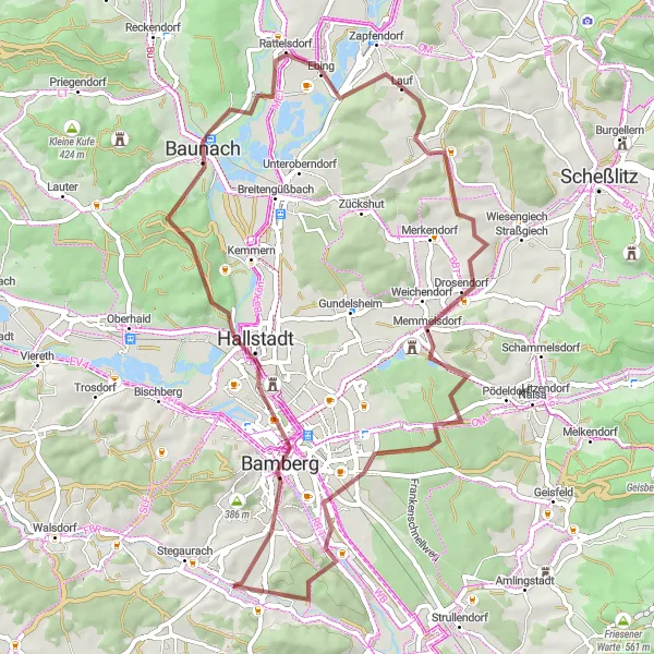 Map miniature of "Bamberg and Drosendorf Excursion" cycling inspiration in Oberfranken, Germany. Generated by Tarmacs.app cycling route planner