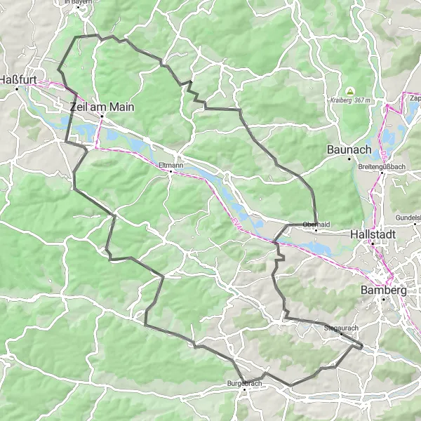 Map miniature of "Steigerwald Scenic Ride" cycling inspiration in Oberfranken, Germany. Generated by Tarmacs.app cycling route planner