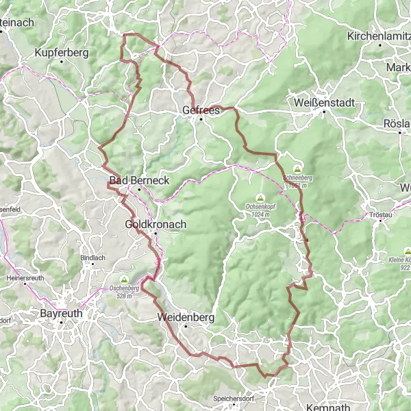 Map miniature of "Steinbach - Gefrees - Wetzsteinfelsen - Nußhardt - Fichtelberg - Waldhaus Mehlmeisel - Mittelberg - Tressau - Platte - Goldberg - Marktschorgast" cycling inspiration in Oberfranken, Germany. Generated by Tarmacs.app cycling route planner