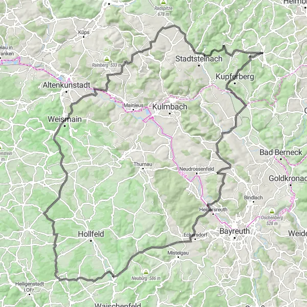Map miniature of "Steinbach - Kupferberg - Kaiserdenkmal - Harsdorf - Bleyer - Brunnberg - Plankenfels - Aufseß - Galeriefelsen - Weiden - Windhöhe - Schimmendorf - Rugendorf - Torkel" cycling inspiration in Oberfranken, Germany. Generated by Tarmacs.app cycling route planner