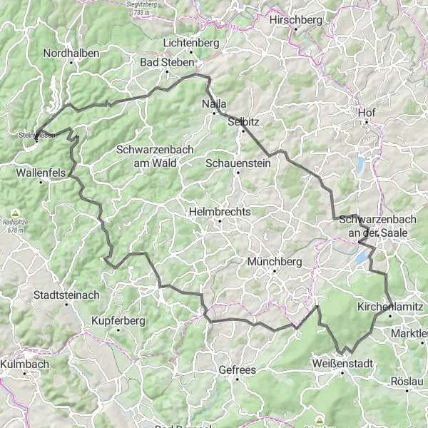 Map miniature of "Mountainous Challenge" cycling inspiration in Oberfranken, Germany. Generated by Tarmacs.app cycling route planner