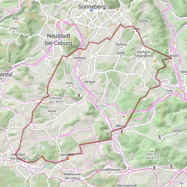 Map miniature of "Discovering Coburg's Surroundings" cycling inspiration in Oberfranken, Germany. Generated by Tarmacs.app cycling route planner