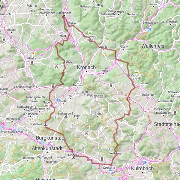 Map miniature of "Mountainous Gravel Reward" cycling inspiration in Oberfranken, Germany. Generated by Tarmacs.app cycling route planner
