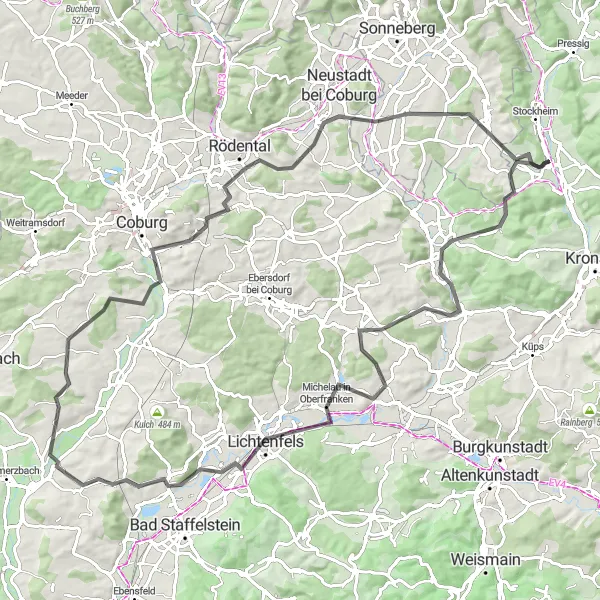 Map miniature of "Challenging Hilly Adventure" cycling inspiration in Oberfranken, Germany. Generated by Tarmacs.app cycling route planner