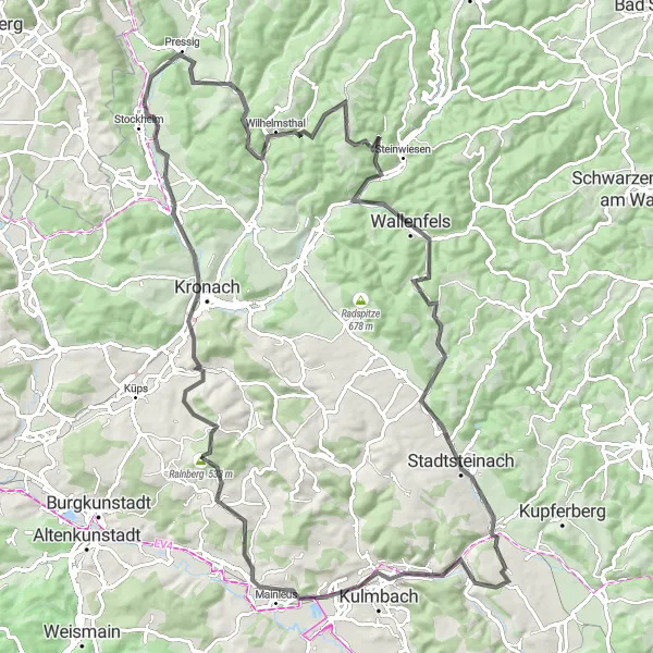 Karten-Miniaturansicht der Radinspiration "Hügeliges Oberfranken" in Oberfranken, Germany. Erstellt vom Tarmacs.app-Routenplaner für Radtouren