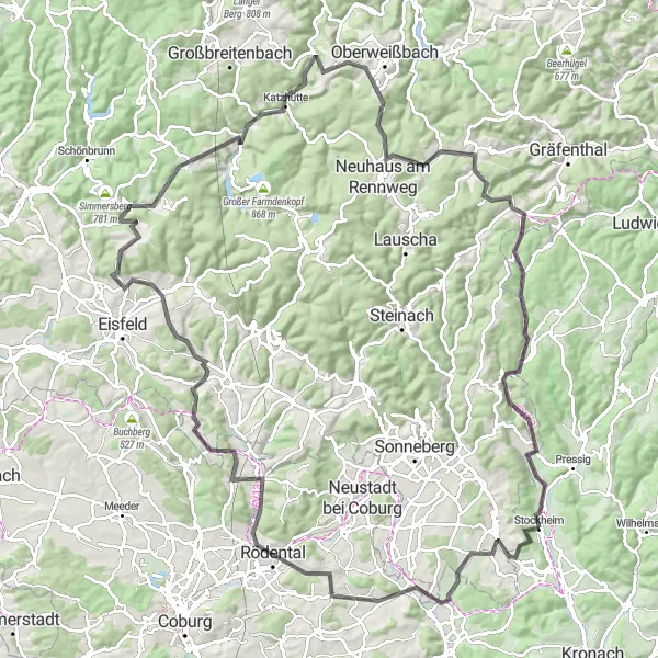 Map miniature of "Stockheim - Thuringian Discovery" cycling inspiration in Oberfranken, Germany. Generated by Tarmacs.app cycling route planner