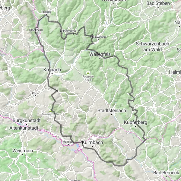 Map miniature of "Scenic Road Ride to Kronach" cycling inspiration in Oberfranken, Germany. Generated by Tarmacs.app cycling route planner