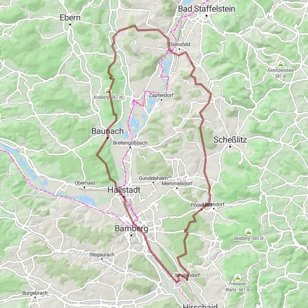 Karten-Miniaturansicht der Radinspiration "Gravel-Tour nach Ebensfeld" in Oberfranken, Germany. Erstellt vom Tarmacs.app-Routenplaner für Radtouren