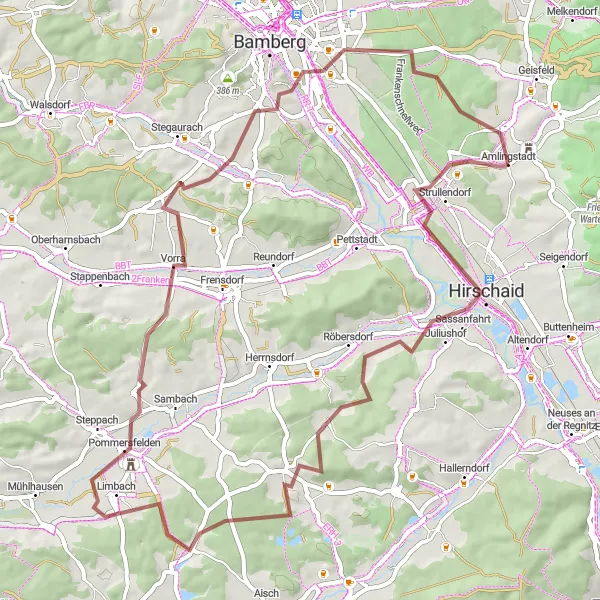 Karten-Miniaturansicht der Radinspiration "Rund um Strullendorf - Natur erleben auf Schotterwegen" in Oberfranken, Germany. Erstellt vom Tarmacs.app-Routenplaner für Radtouren