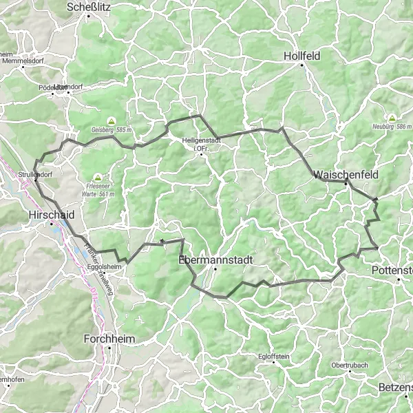 Karten-Miniaturansicht der Radinspiration "Herausfordernde Hügel - Roadbike-Abenteuer rund um Strullendorf" in Oberfranken, Germany. Erstellt vom Tarmacs.app-Routenplaner für Radtouren