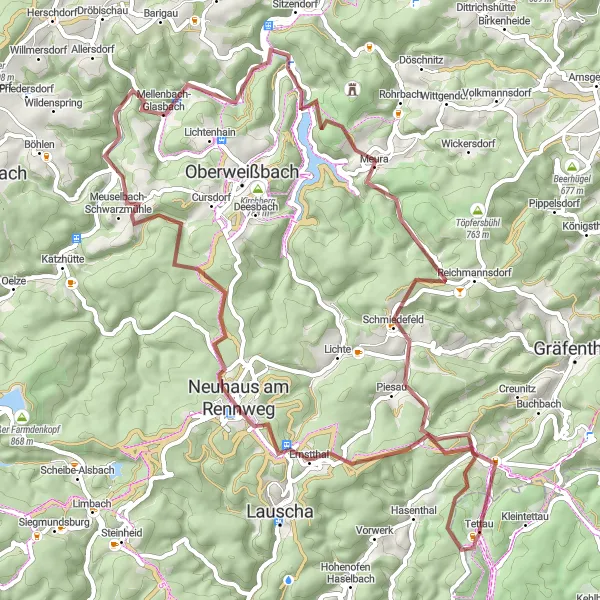 Karten-Miniaturansicht der Radinspiration "Gravel-Abenteuer durch die Natur um Tettau" in Oberfranken, Germany. Erstellt vom Tarmacs.app-Routenplaner für Radtouren