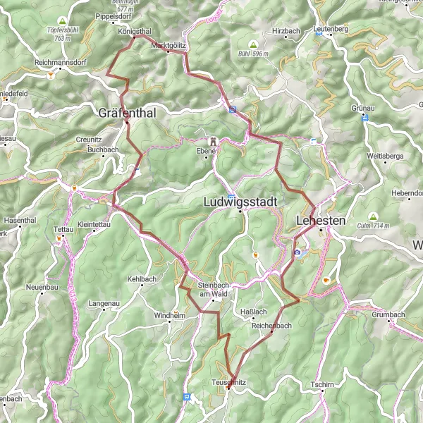 Map miniature of "The One with Gravel and Forests" cycling inspiration in Oberfranken, Germany. Generated by Tarmacs.app cycling route planner