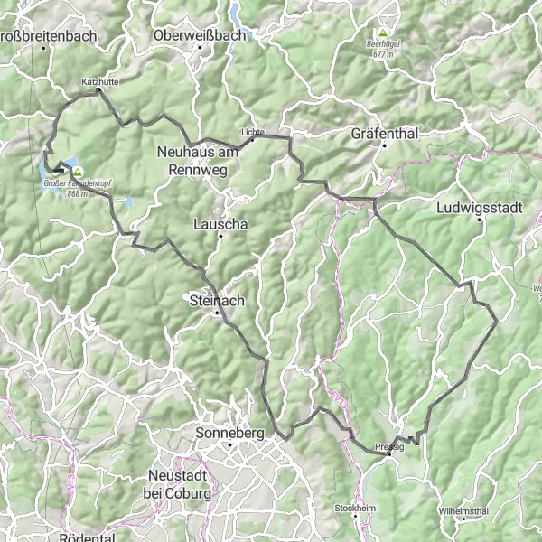 Karten-Miniaturansicht der Radinspiration "Bayerischer Rennsteig" in Oberfranken, Germany. Erstellt vom Tarmacs.app-Routenplaner für Radtouren