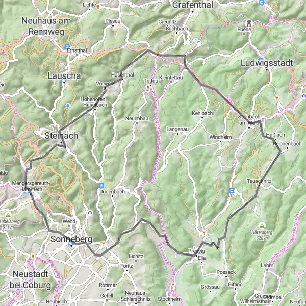 Map miniature of "Teuschnitz Hills" cycling inspiration in Oberfranken, Germany. Generated by Tarmacs.app cycling route planner