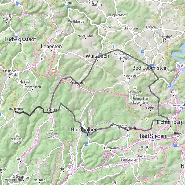 Map miniature of "Tschirn-Mühlberg-Haidekoppe-Wurzbach-Teuschnitz" cycling inspiration in Oberfranken, Germany. Generated by Tarmacs.app cycling route planner