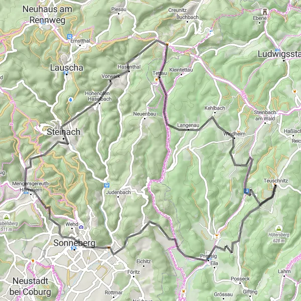 Map miniature of "Scenic Road Delight" cycling inspiration in Oberfranken, Germany. Generated by Tarmacs.app cycling route planner