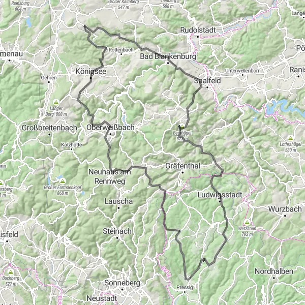 Map miniature of "Rothenkirchen-Langenauer Höhe-Tettau-Apelsberg-Paulinzella-Teuschnitz" cycling inspiration in Oberfranken, Germany. Generated by Tarmacs.app cycling route planner