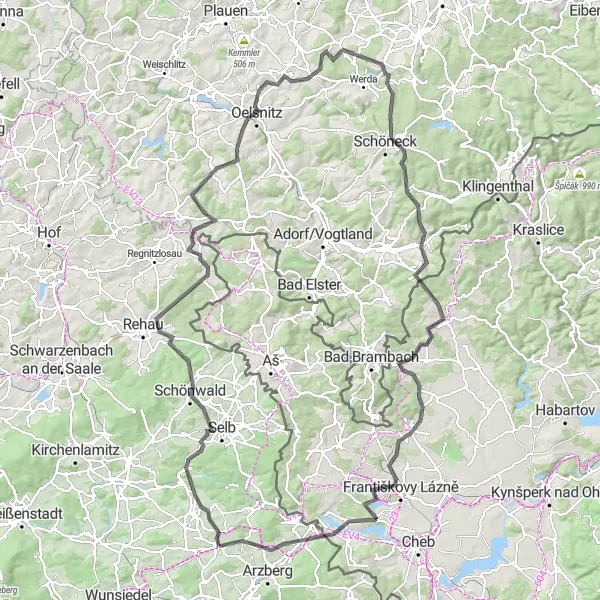 Map miniature of "Hills and Valleys Road" cycling inspiration in Oberfranken, Germany. Generated by Tarmacs.app cycling route planner