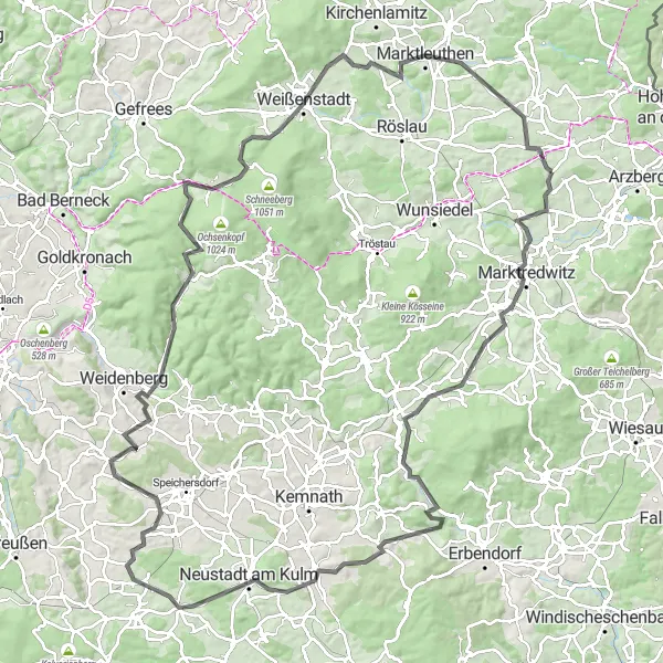 Karten-Miniaturansicht der Radinspiration "Herausfordernde Straßenfahrt zum Waldstein" in Oberfranken, Germany. Erstellt vom Tarmacs.app-Routenplaner für Radtouren