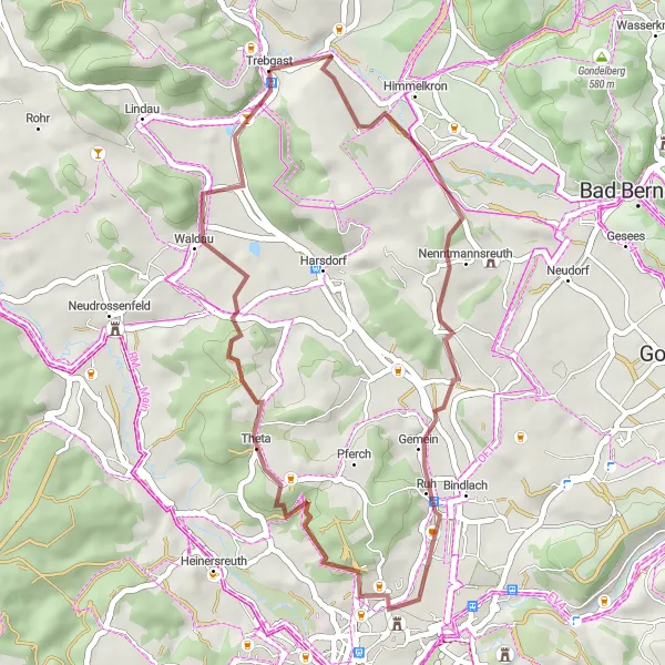Map miniature of "Bindlach and Pechgraben Gravel Route" cycling inspiration in Oberfranken, Germany. Generated by Tarmacs.app cycling route planner