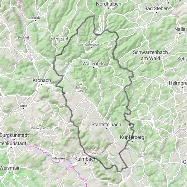Karten-Miniaturansicht der Radinspiration "Herausfordernde Rundtour durch Oberfranken" in Oberfranken, Germany. Erstellt vom Tarmacs.app-Routenplaner für Radtouren