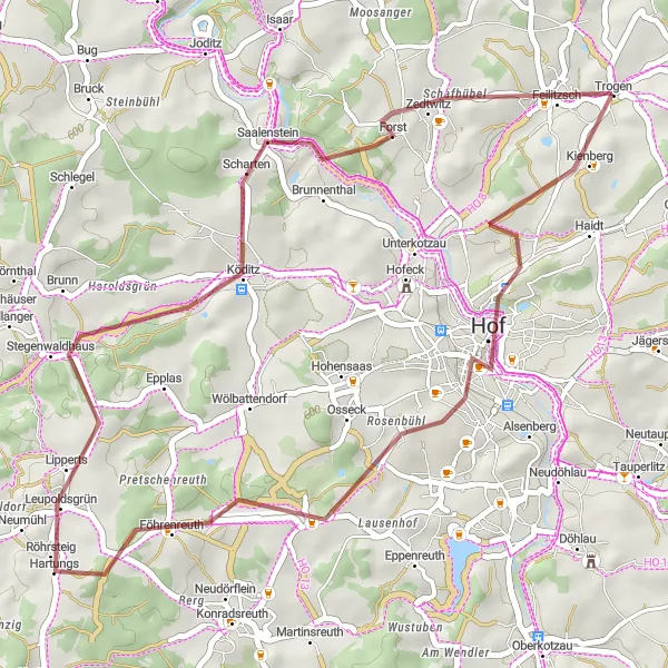 Map miniature of "The Gravel Adventure through Leupoldsgrün" cycling inspiration in Oberfranken, Germany. Generated by Tarmacs.app cycling route planner