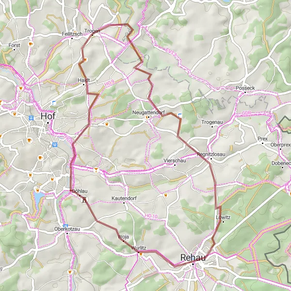 Map miniature of "Regnitzlosau Gravel Loop" cycling inspiration in Oberfranken, Germany. Generated by Tarmacs.app cycling route planner