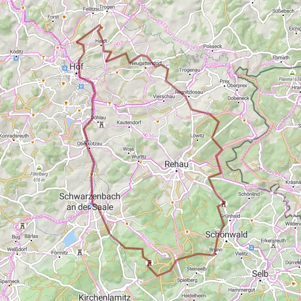 Map miniature of "Regnitzlosau to Hof Gravel Loop" cycling inspiration in Oberfranken, Germany. Generated by Tarmacs.app cycling route planner