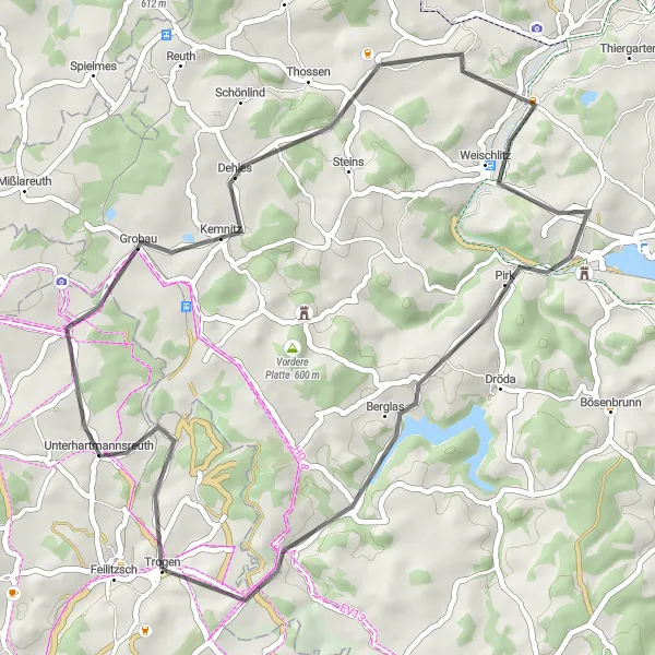 Karten-Miniaturansicht der Radinspiration "Durch das Vogtland nach Ullitz" in Oberfranken, Germany. Erstellt vom Tarmacs.app-Routenplaner für Radtouren