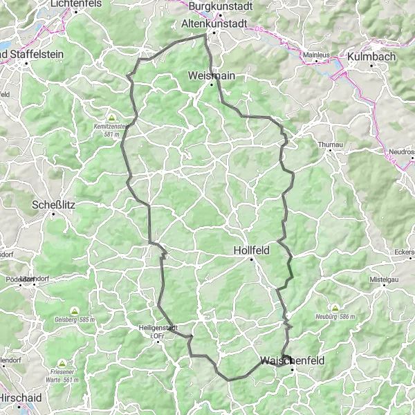 Karten-Miniaturansicht der Radinspiration "Rundkurs Waischenfeld - Schulstein" in Oberfranken, Germany. Erstellt vom Tarmacs.app-Routenplaner für Radtouren