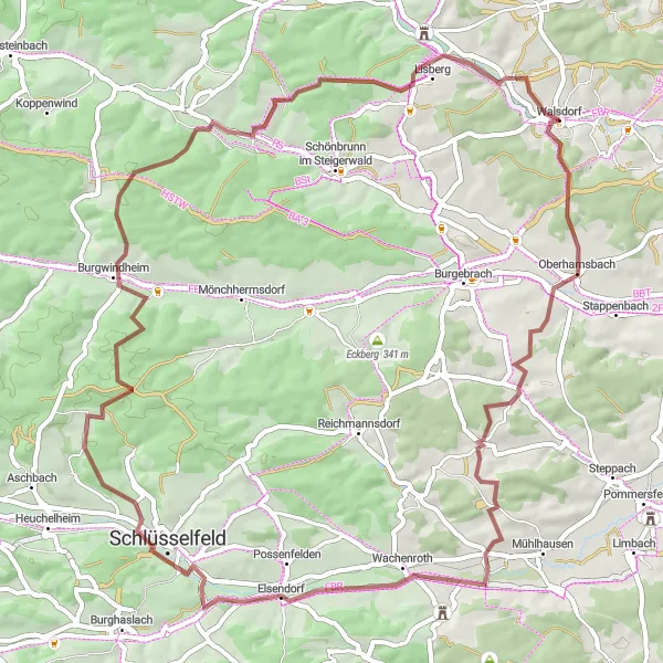 Map miniature of "Challenge Yourself on the Walsdorf Gravel Circuit" cycling inspiration in Oberfranken, Germany. Generated by Tarmacs.app cycling route planner