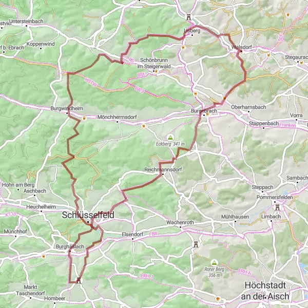 Map miniature of "Gravel Adventure in the Walsdorf Countryside" cycling inspiration in Oberfranken, Germany. Generated by Tarmacs.app cycling route planner