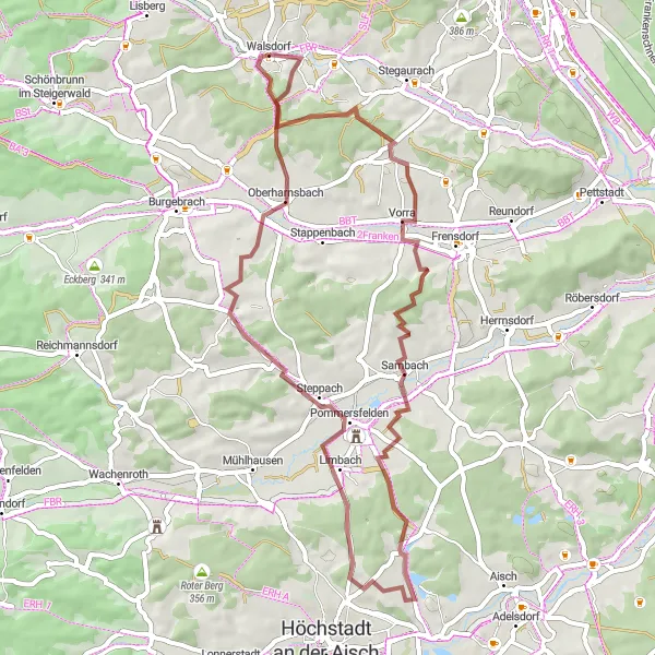 Map miniature of "Scenic Gravel Ride through Vorra and Kirchberg" cycling inspiration in Oberfranken, Germany. Generated by Tarmacs.app cycling route planner