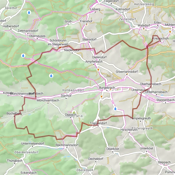 Map miniature of "Gravel Adventure" cycling inspiration in Oberfranken, Germany. Generated by Tarmacs.app cycling route planner