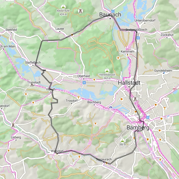 Karten-Miniaturansicht der Radinspiration "Baunach und die Aussichtsplatform Gärtnerstadt" in Oberfranken, Germany. Erstellt vom Tarmacs.app-Routenplaner für Radtouren