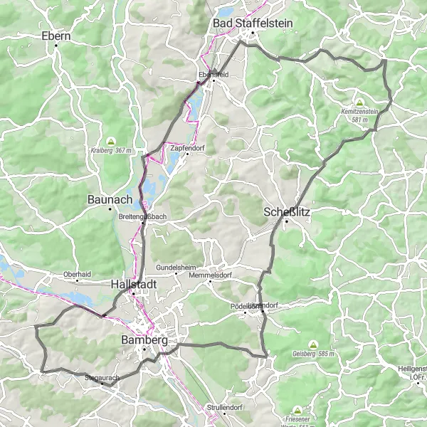 Karten-Miniaturansicht der Radinspiration "Bischberg und Litzendorf Rundfahrt" in Oberfranken, Germany. Erstellt vom Tarmacs.app-Routenplaner für Radtouren