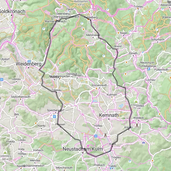 Map miniature of "Challenging Road Loop around Warmensteinach" cycling inspiration in Oberfranken, Germany. Generated by Tarmacs.app cycling route planner