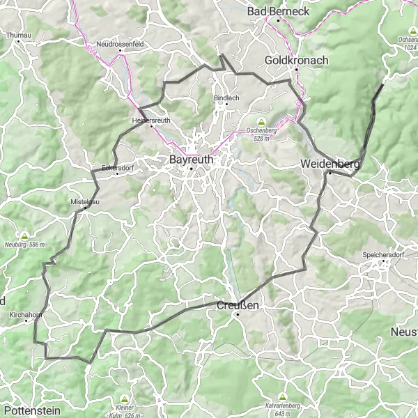 Map miniature of "Road Cycling Adventure in Oberfranken" cycling inspiration in Oberfranken, Germany. Generated by Tarmacs.app cycling route planner