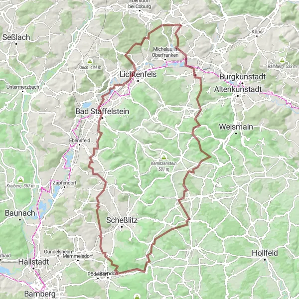 Karten-Miniaturansicht der Radinspiration "Gravel Abenteuer durch das Oberfranken" in Oberfranken, Germany. Erstellt vom Tarmacs.app-Routenplaner für Radtouren