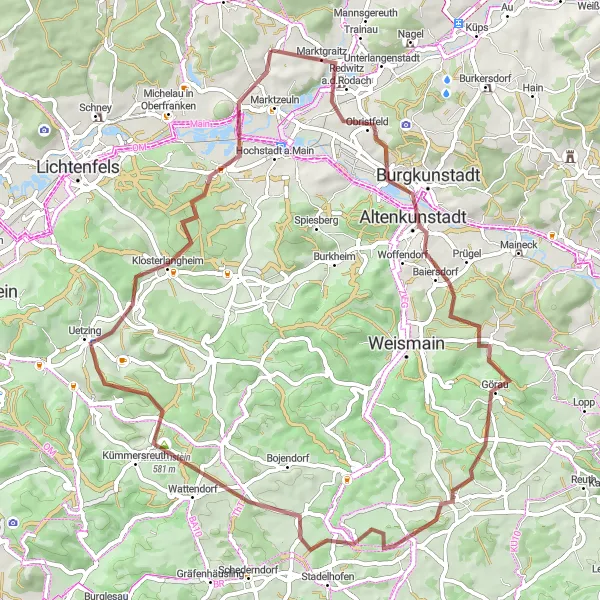 Map miniature of "Gravel Adventure in Neuenmarkt" cycling inspiration in Oberfranken, Germany. Generated by Tarmacs.app cycling route planner