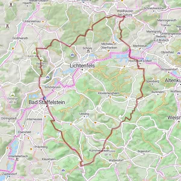 Map miniature of "Gravel Adventure - Hochstadt a.Main to Hohe Aßlitz" cycling inspiration in Oberfranken, Germany. Generated by Tarmacs.app cycling route planner