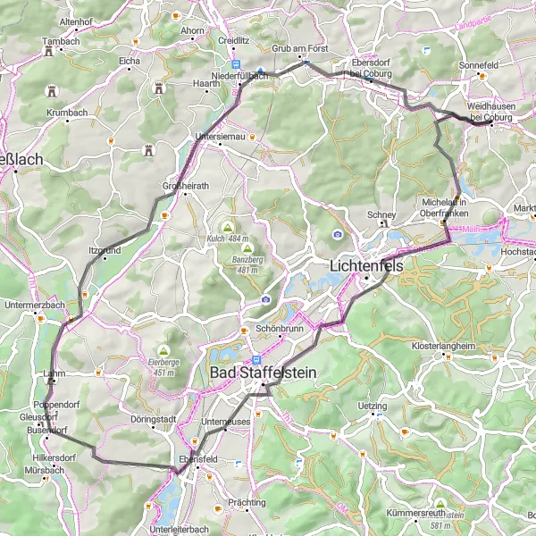 Map miniature of "Lichtenfels and Beyond" cycling inspiration in Oberfranken, Germany. Generated by Tarmacs.app cycling route planner